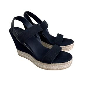 TORY BURCH Black Two Band Canvas Wedge Sandals Size 9.5